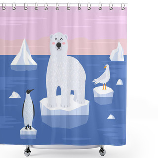 Personality  Polar Bear, Penguin And Seagull Stand On An Ice Floe. The Concept Of Global Warming And Plastic Pollution Of The World's Oceans. Vector Illustration. Arctic Landscape Shower Curtains