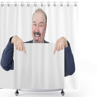 Personality  Enthusiastic Man Pointing To A Blank White Sign Shower Curtains