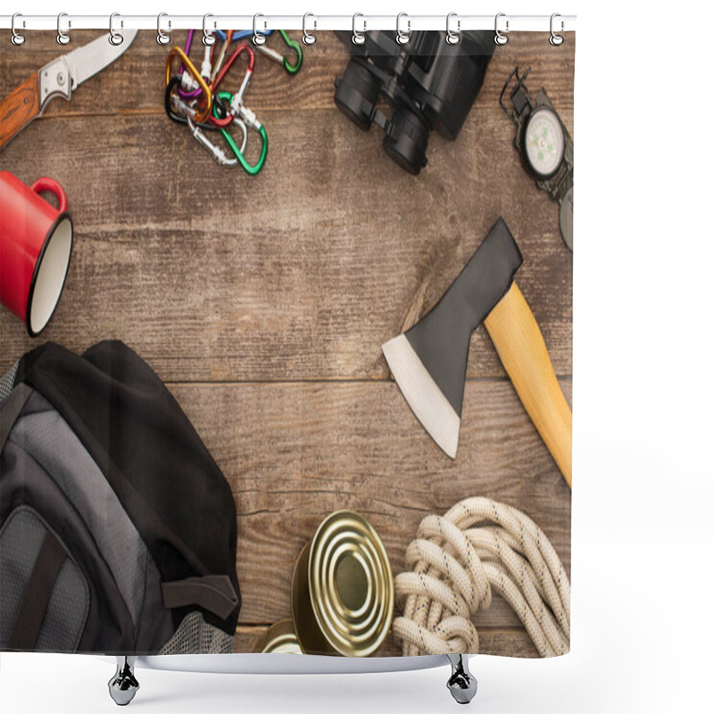 Personality  top view of backpack and hiking equipment on wooden table shower curtains