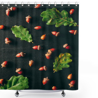 Personality  Full Frame Of Acorns And Oak Leaves On Black Background Shower Curtains
