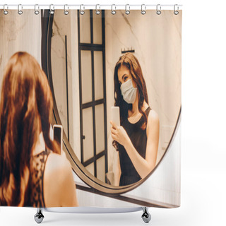 Personality  Selective Focus Of Woman In Black Dress And Medical Mask Taking Photo In Bathroom Shower Curtains