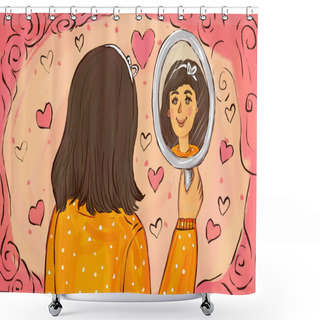 Personality  The Drawn Beautiful Girl Or Woman With A Mirror In Her Hands Loves Herself. Self-esteem And Self-love Shower Curtains