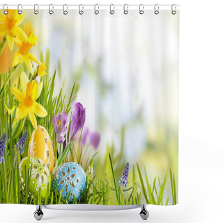Personality  Fresh Easter Background In A Spring Meadow With Three Colorful And Decorative Eggs Nestling In Grass Below Assorted Spring Flowers With A Butterfly And Copy Space For Advertising Concepts. Shower Curtains