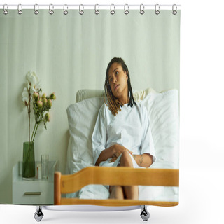 Personality  Sad African American Woman Lying In Private Ward, Flowers, Glass Of Water, Hospital, Miscarriage Shower Curtains