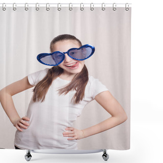 Personality  Funny Little Girl In Big Glasses Showing Tongue Shower Curtains