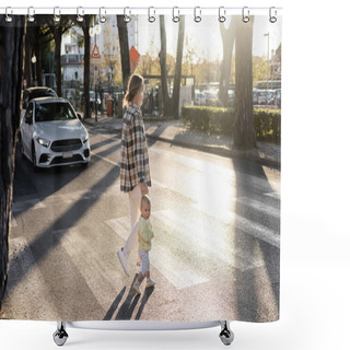 Personality  Father And Toddler Girl Walking On Crosswalk On Urban Street In Treviso Shower Curtains