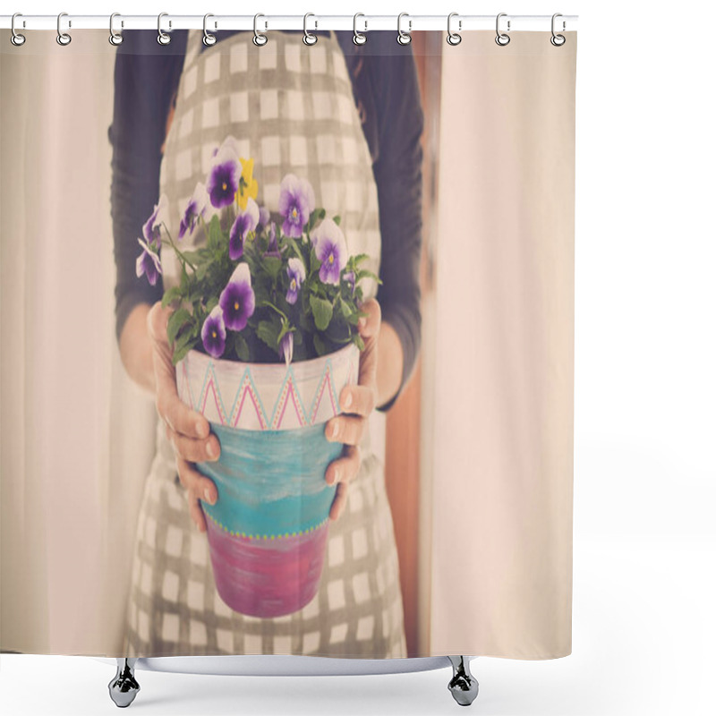 Personality  Woman Hands Taking A Vas Of Violet Flowers At Home. Clothes For Home Work. Pastel Tones And Backlight For A Bright Scene Shower Curtains