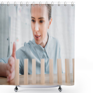 Personality  Close-up Shot Of Businesswoman Assembling Wooden Blocks In Row On Worktable, Dominoes Effect Concept Shower Curtains