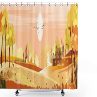 Personality  Fantasy Panorama Landscapes Of Countryside In Autumn,Panoramic Of Mid Autumn With Farm Field, Mountains, Wild Grass And Leaves Falling From Trees In Yellow Foliage. Wonderland Landscape In Fall Season Shower Curtains