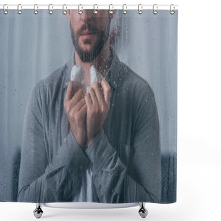 Personality  Cropped View Of Man Holding Baby Shoes Through Window With Raindrops Shower Curtains