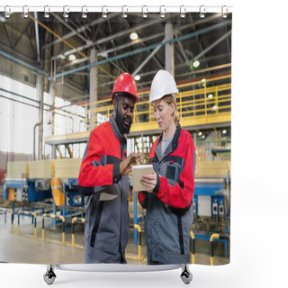 Personality  Content Young Multi-ethnic Coworkers In Hardhats Using Tablet While Discussing Manufacturing Issues At Construction Plant Shower Curtains