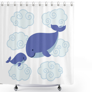 Personality  Cute Cartoon Whales - Mother And Baby In Clouds. Shower Curtains