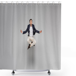 Personality  Full Length Of Businessman In Glasses With Crossed Legs Levitating On Grey Shower Curtains