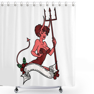 Personality  Tattoo In Traditional Style Of A Pinup Devil Girl With Banner Shower Curtains