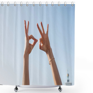 Personality  Cropped View Of Woman Showing Okay Gesture With Sky At Background  Shower Curtains