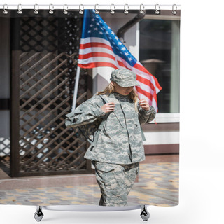 Personality  Military Servicewoman Leaving House And Holding  Backpack Shoulder Straps With Usa Flag On Background Shower Curtains