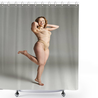 Personality  A Graceful Woman, Displaying Natural Beauty, Strikes A Pose In A Striking Bodysuit. Shower Curtains