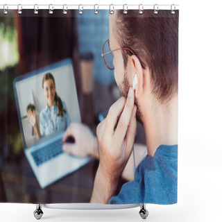 Personality  Selective Focus Of Colleagues Taking Part In Webinar With Laptop Shower Curtains