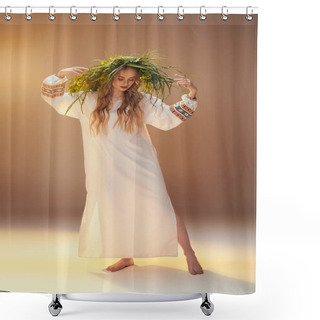 Personality  A Young Woman Wearing A White Dress Adorned With A Wreath On Her Head, Exuding An Aura Of Enchantment In A Fairy And Fantasy Studio Setting. Shower Curtains