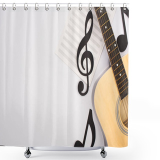 Personality  Top View Of Paper Cut Notes With Music Book And Acoustic Guitar On White Background Shower Curtains
