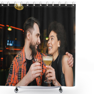 Personality  Cheerful Man Holding Cocktail And Hugging Curly African American Friend In Bar  Shower Curtains