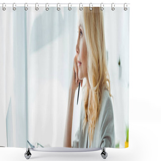 Personality  Panoramic Shot Of Thoughtful Blonde Woman Holding Pen In Office  Shower Curtains