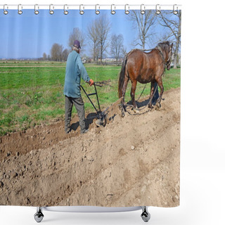 Personality  Fallowing Of A Spring Field By A Manual Plow On Horse-drawn Shower Curtains