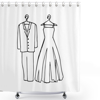 Personality  Drawing Of Wedding Clothes: A Suit Of The Groom And A Dress Of The Bride. Vector Traced Simple Sketch Of Finished Wedding Clothes. Men's Suit And Women's Dress Hang On A Clothes Hanger Shower Curtains