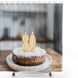 Personality  Selective Focus Of Delicious Birthday Cake With Burning Candles And '80' Sign On Top Shower Curtains
