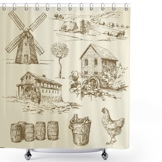 Personality  Watermill And Windmill - Hand Drawn Collection Shower Curtains