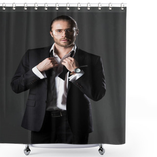 Personality  Handsome Man In Suit And Tie Bow Isolated On Grey Shower Curtains