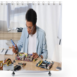 Personality  African American Teenager Soldering Computer Circuit With Soldering Iron At Home Shower Curtains