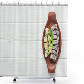 Personality  Delicious Marinated Herring With Potatoes And Onions In Earthenware Plate On White Wooden Background With Copy Space Shower Curtains