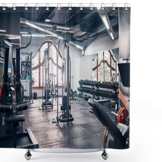 Personality  Empty Gym, Backgrounds And Exercise Building For Sports, Training And Fitness, Wellness And Weightlifting. Health Club Interior Space, Recreation Center And Room With Bodybuilding Workout Machines. Shower Curtains
