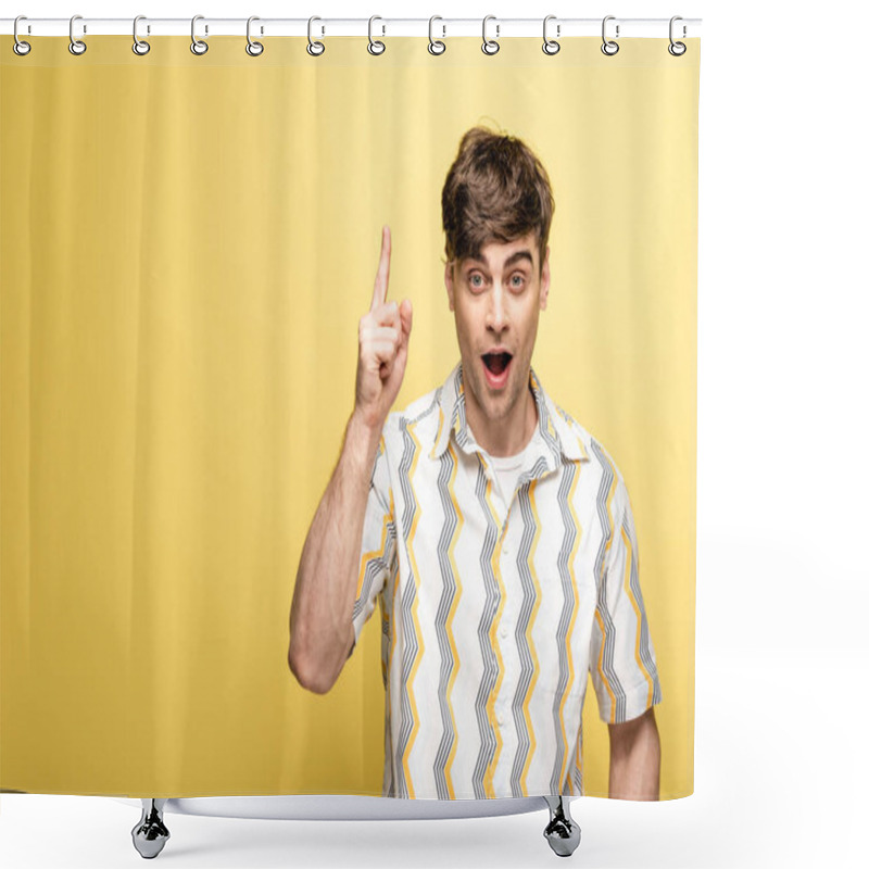 Personality  Handsome Young Man Looking At Camera While Showing Idea Gesture On Yellow Background Shower Curtains