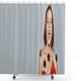 Personality  Merry Christmas Banner, Excited Woman In Red Attire With Bows All Over Her Body On Grey Backdrop Shower Curtains
