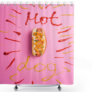 Personality  Top View Of Unhealthy Hot Dog On Pink With Word Hot Dog Written With Ketchup And Mustard Shower Curtains