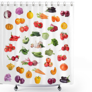 Personality  Collage With Many Fresh Vegetables On White Background Shower Curtains