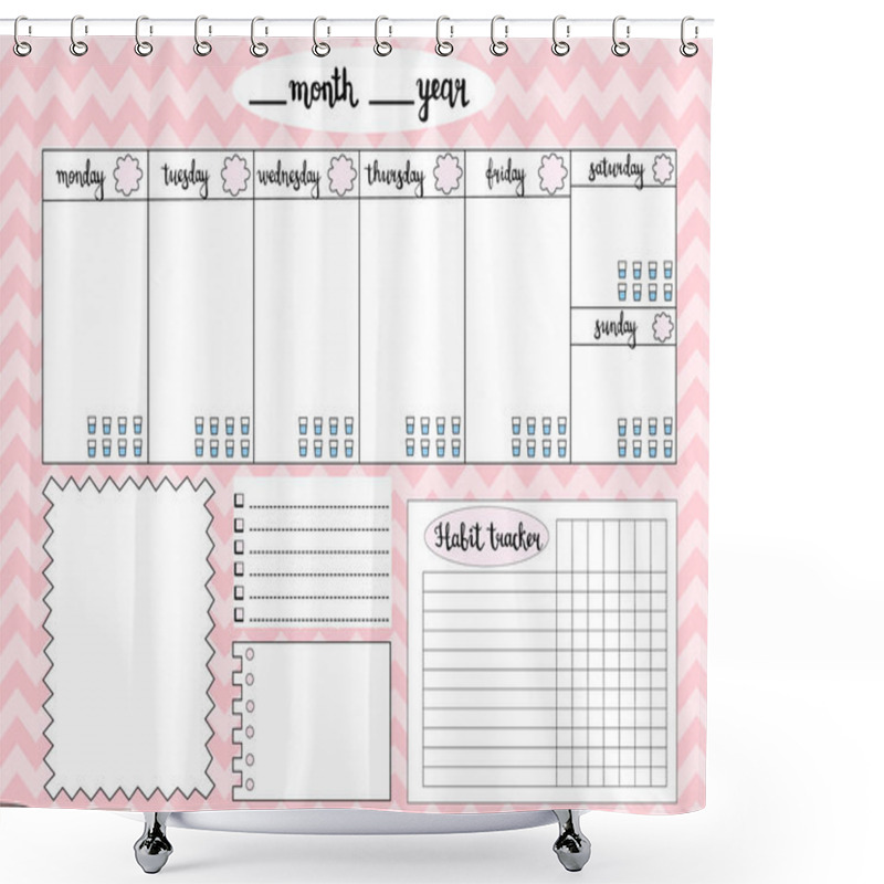 Personality  Empty weekly planner with water level tracker, space for notes, To do list and habit tracker, pink chevron background. Schedule and organizer template. Vector illustration shower curtains