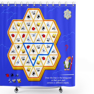 Personality  Logic Puzzle Game For Children And Adults. Draw The Lines In The Honeycomb So That Each Part Contains 6 Different Insects. Printable Page For Brain Teaser Book. IQ Test. Play Online. Shower Curtains