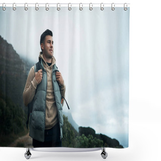 Personality  At Some Point In Life, The Worlds Beauty Becomes Enough. A Young Man Hiking Through The Mountains Shower Curtains
