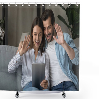 Personality  Couple Sit On Couch Use Tablet Start Talk Via Videoconference Shower Curtains