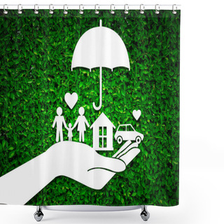 Personality  Paper Salesman Agent Hand Holding Family Protection On Green Shower Curtains