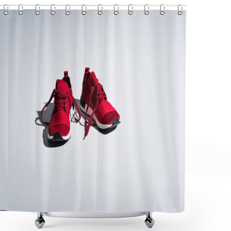 Personality  Close-up View Of Red Sneakers Isolated On Grey Shower Curtains