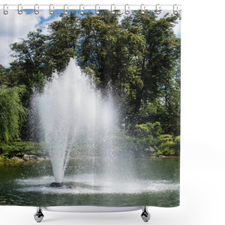 Personality  Water Splash And Drops Near Fountain In Pond Near Trees  Shower Curtains