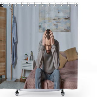 Personality  Stressed Man Looking Away And Sitting On Bed In Modern Bedroom, Painting On Wall, Solitude, Concern Shower Curtains