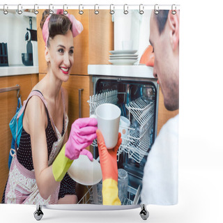 Personality  Couple Emptying The Dishwasher Together Shower Curtains