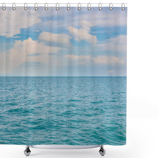 Personality  Cloudy Blue Sky Leaving For Horizon Above A Blue Surface Of The Shower Curtains