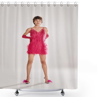 Personality  A Fashionable Young Woman Poses In An Elegant Pink Feather Dress Against A Vibrant Backdrop. Shower Curtains