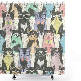 Personality  Seamless Pattern With Hipster Cute Cats For Children Shower Curtains